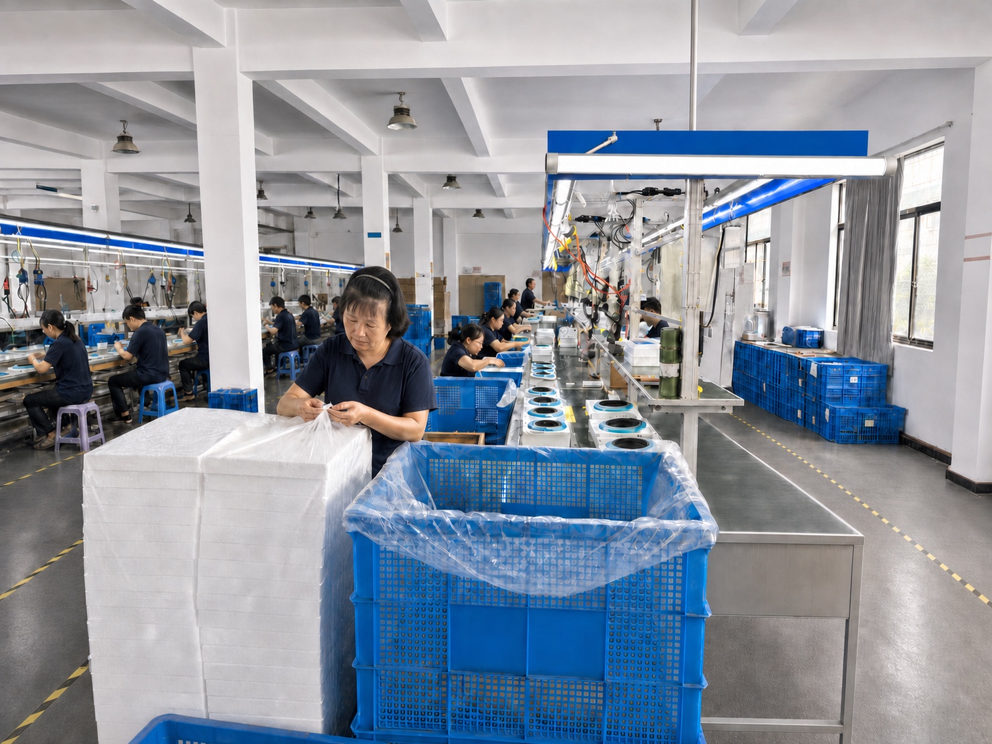 Two organized solar pool product assembly lines in operation