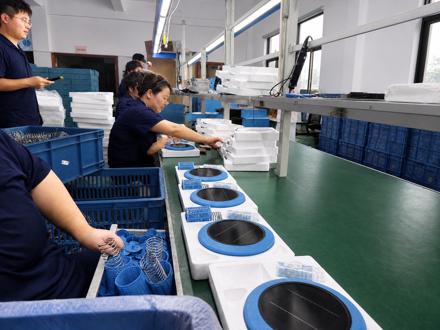 Blue-uniform production team packing solar pool products for shipment