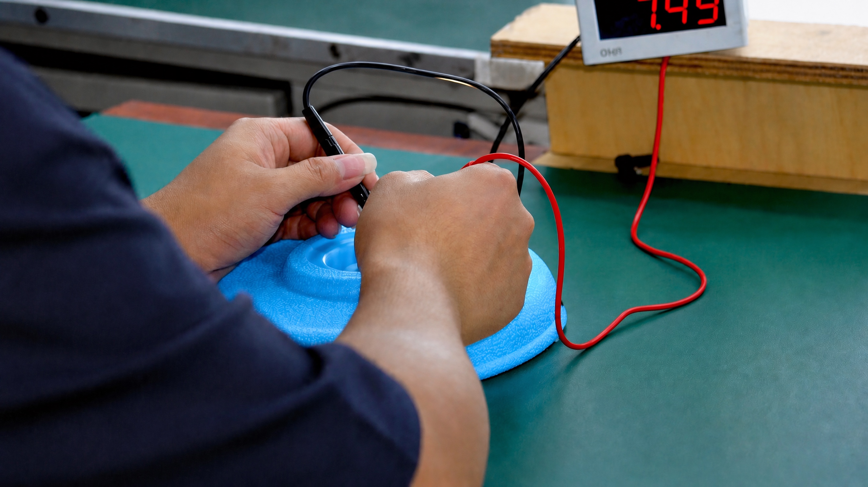 Technician testing the electrical circuit during product assembly
