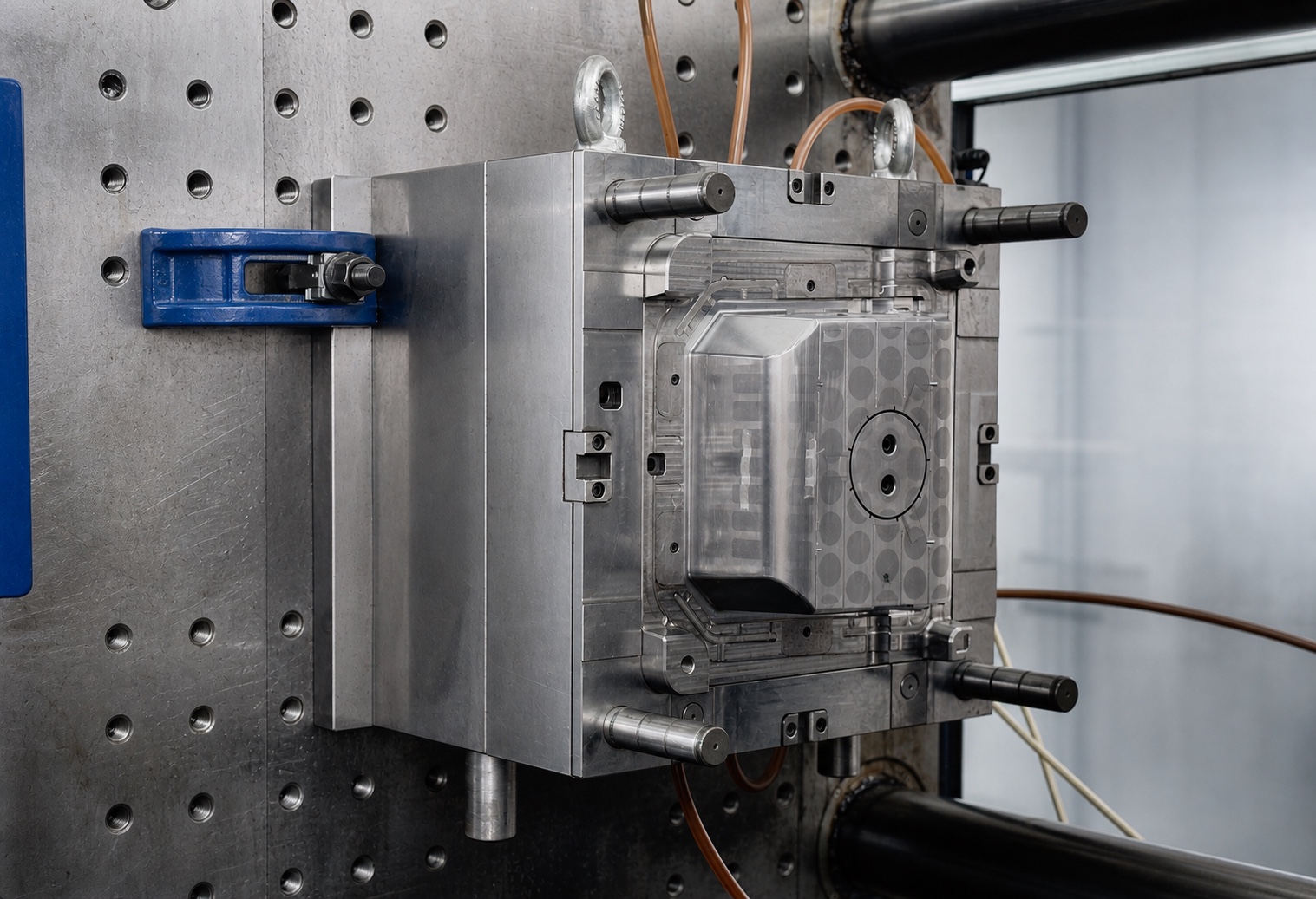 Injection mold installed on an injection molding machine for component production