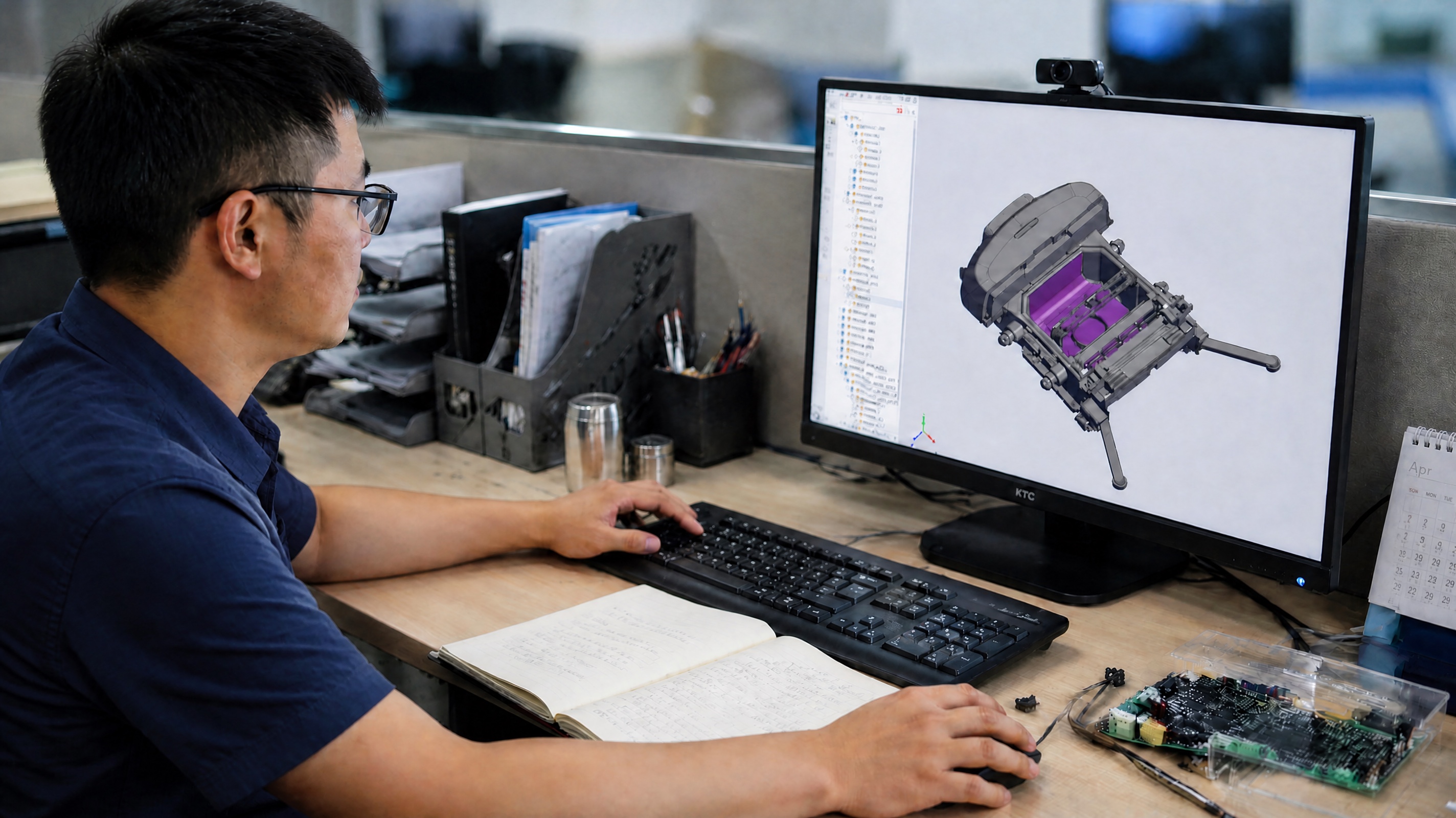 Product engineer reviewing a robotic pool skimmer CAD design