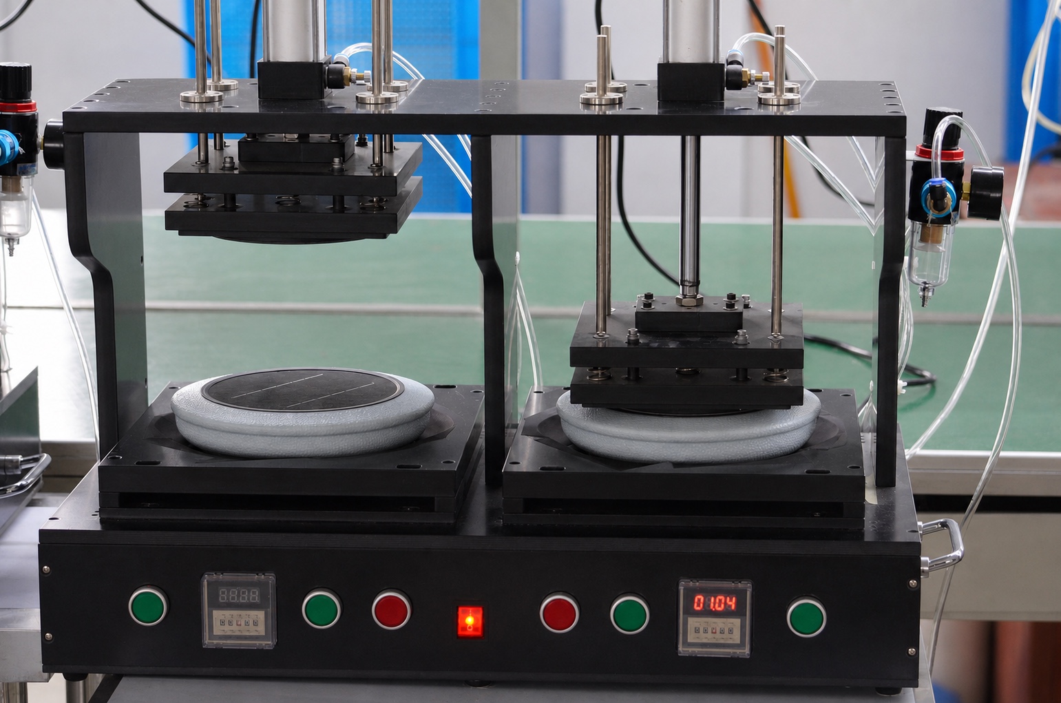 Dual-station pneumatic press bonding solar panels to product housings